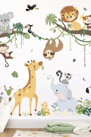 decalmile Jungle Animals Tree Branch Wall Decals Safari Monkey Giraffe Lion Wall Stickers Baby Nursery Kids Room Daycare Wall Decor