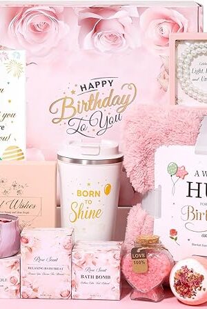Birthday Gifts for Women, Unique Birthday Gift Basket for Women, Thoughtful and Relaxing Birthday Gifts for Mom, Wife, Sister, Best Friend, Her Self Care Box, Luxury Gift Set (Pink)