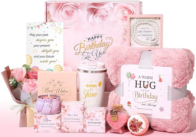 Birthday Gifts for Women, Unique Birthday Gift Basket for Women, Thoughtful and Relaxing Birthday Gifts for Mom, Wife, Sister, Best Friend, Her Self Care Box, Luxury Gift Set (Pink)