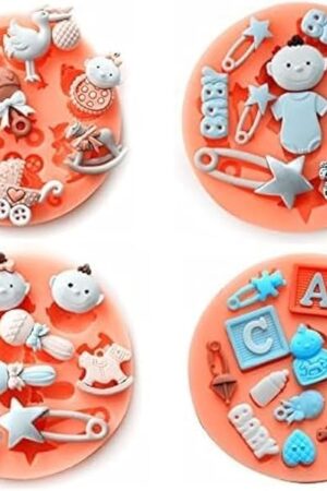 Baby Shower Theme Mini Cake Fondant Mold, Decorating Set for Gummy Sugar Chocolate Candy Cupcake - Set of 4