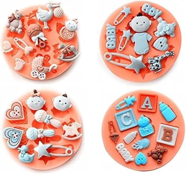 Baby Shower Theme Mini Cake Fondant Mold, Decorating Set for Gummy Sugar Chocolate Candy Cupcake - Set of 4