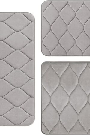 Colorxy Memory Foam Bathroom Rugs - Water Absorbent, Super Soft Non-Slip Bath Mat, Washable Ogee Design Bathroom Mat Set of 3, Small/Large/Contour, Grey