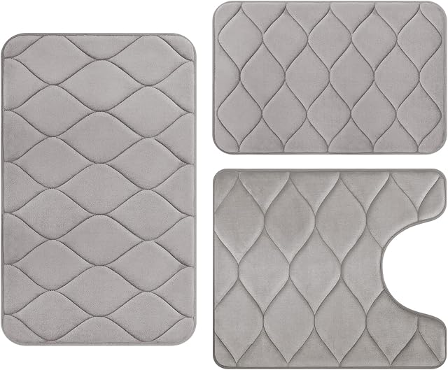 Colorxy Memory Foam Bathroom Rugs - Water Absorbent, Super Soft Non-Slip Bath Mat, Washable Ogee Design Bathroom Mat Set of 3, Small/Large/Contour, Grey