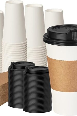 16 oz 100 Pack Coffee Cups with Lids and Sleeves, Hot Paper Coffee Cups with Lids, Disposable To Go Cups with Lid for Coffee, Tea, Hot Chocolate, Ideal for Cafes, Offices and Travel