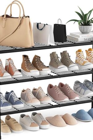 3 Tier Shoe Rack 33" Wide Metal Shoe Organizer Long Shoe Storage with 4 Side Hooks Sturdy Shoes Shelf for Front Door Entrance, Closet, Garage, Dorm, Black