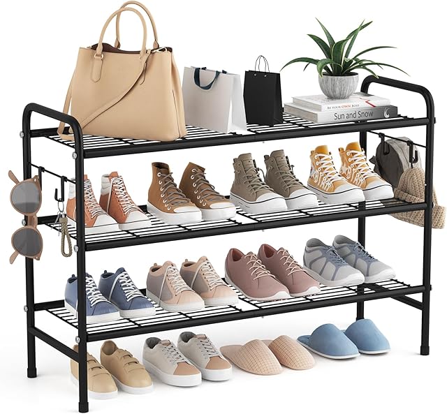 3 Tier Shoe Rack 33" Wide Metal Shoe Organizer Long Shoe Storage with 4 Side Hooks Sturdy Shoes Shelf for Front Door Entrance, Closet, Garage, Dorm, Black