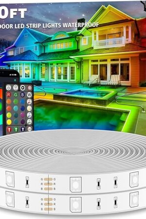 60ft Outdoor LED Strip Lights Waterproof,IP68 Outside Led Light Strips Waterproof with App and Remote,Music Sync RGB Exterior Led Rope Lights with Self Adhesive Back for Roof,Deck,Balcony