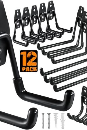 12 Pack Garage Hooks Heavy Duty Utility Steel with Anti-Slip Coating Wall Mount Storage Organizer for Hanging Power and Garden Tools, Ladders, Hose, Bikes, Ropes, Bulk Items, and More