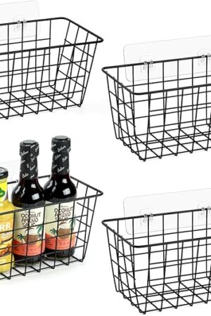 2 Pack Hanging Kitchen Baskets, Adhesive Wire Wall Storage Basket, No Drilling Hanging Fruit Baskets, Cabinet Door Organizer for Kitchen Bathroom Pantry, Upgrade Super-sized Adhesive
