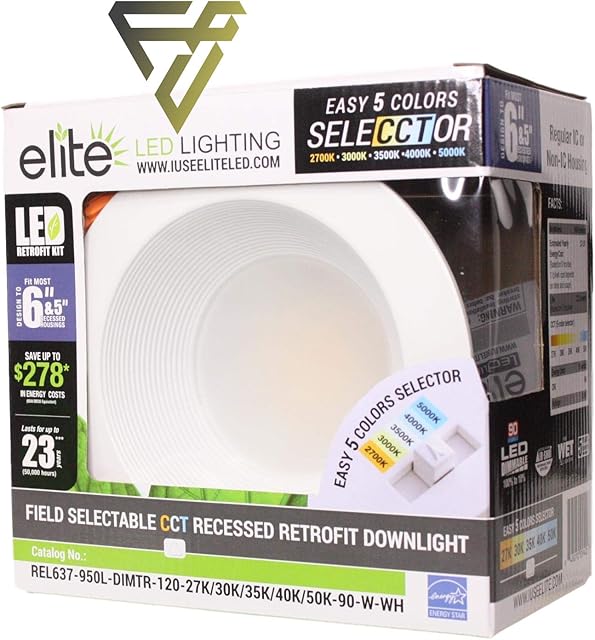 Elite REL637-CCT Series LED Retrofit Baffle Trim, Color SeleCCTor 2700K/3000K/3500K/4000K/5000K (White, 5/6")
