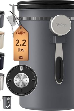 Veken Coffee Canister, 39OZ Large, Airtight Stainless Steel Food Storage Container for 2.2lbs Coffee Beans, Ground, Sugar, Tea, Flour, Rice, Cereal, Cookies Jars, Bar Accessories & Gifts, Gray