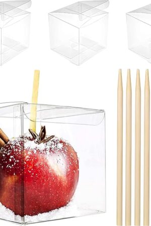 20 Pack 4''x 4'' x 4'' Clear Candy Apple Boxes with Hole and Sticks Set Food Grade Plastic Clear Caramel Apple Containers Chocolate Covered Apples Packaging Party Favor Gift Goxes