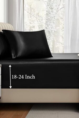 VACVELT 3pcs Satin Fitted Sheet Set Queen Black with 2 Pillowcase