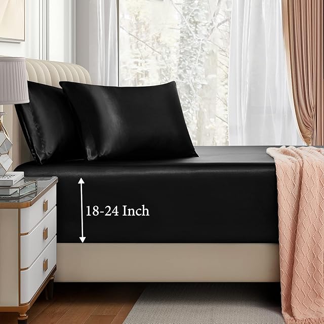 VACVELT 3pcs Satin Fitted Sheet Set Queen Black with 2 Pillowcase