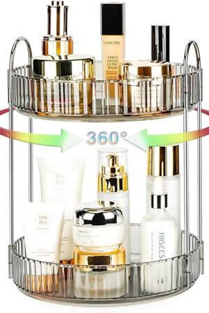 360 Rotating Makeup Organizer, 2 Tier Lazy Susan Bathroom Organizer, Easy to Install, Ideal Storage for Perfume, Skincare, Cosmetic, Dresser or Vanity Countertop (Classic Grey, 2 Tier)