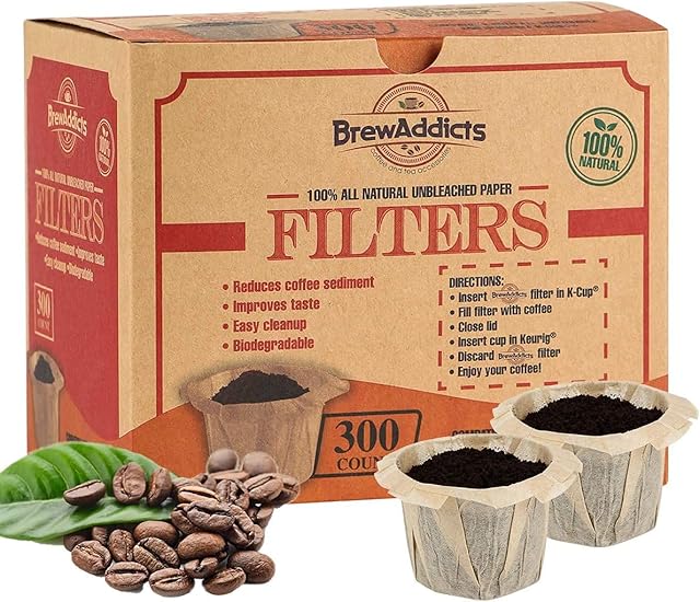 300 Paper Coffee Single-Use Filters, Brown, All-Natural & Unbleached for Keurig Brewers and Compatible with K-Cup Pods 1.0 & 2.0 Models, Disposable filters