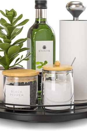 10" Oak Wood Lazy Susan Turntable Organizer, Lazy Susan for Cabinet Dining Table Pantry Kitchen Countertop Spice Bathroom Vanity Tray for Counter Dresser Sink Soap Holder Coffee Table Bar Decor Black