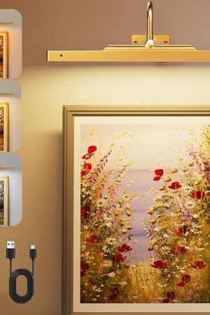 Brightown Picture Light Battery Operated with Remote,16in Picture Lights for Paintings, 5000mAh Battery Operated Picture Light for Wall, Wireless Remote Painting Light with Timer and Dimmable,Gold