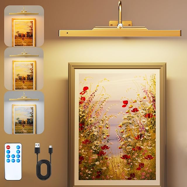 Brightown Picture Light Battery Operated with Remote,16in Picture Lights for Paintings, 5000mAh Battery Operated Picture Light for Wall, Wireless Remote Painting Light with Timer and Dimmable,Gold