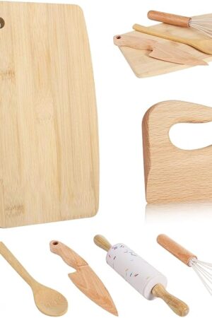 7 Pieces Wooden Kids Knife Toddler Knife Set Toddler Cutting Board And Knife Set for Real Cooking Montessori Kitchen Tools for Toddlers for Cutting Veggies Fruits Salad Cake