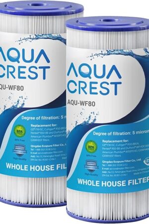 AQUA CREST FXHSC Whole House Water Filter, Replacement for GE® FXHSC, GXWH40L, GXWH35F, American Plumber W50PEHD, W10-PR, Culligan® R50-BBSA, 5 Micron 10" x 4.5", High Flow Sediment Filters, Pack of 2