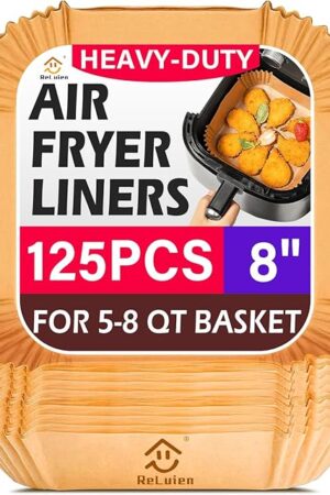 Air Fryer Liners Disposable, 125Pcs Parchment Paper, 8 Inch Non-stick Air Fryer Paper Liners, Unbleached Square Airfryer Liners for 5-8QT Air Fryer, Baking, Roasting Microwave