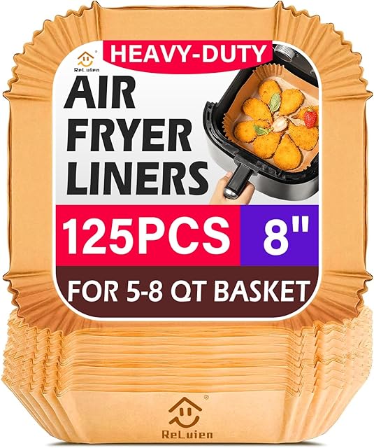 Air Fryer Liners Disposable, 125Pcs Parchment Paper, 8 Inch Non-stick Air Fryer Paper Liners, Unbleached Square Airfryer Liners for 5-8QT Air Fryer, Baking, Roasting Microwave