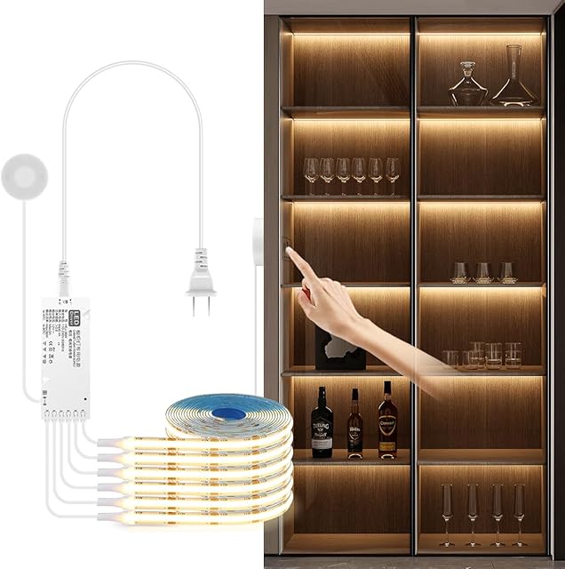 Cabinet Light COB LED Strip Lights 6-in-1 Dimmable Touch Control for Display Cabinets, Wardrobes, Kitchen, Wine Cabinets, Showcase & Shelf Lighting (Warm Light, 3.3ft)