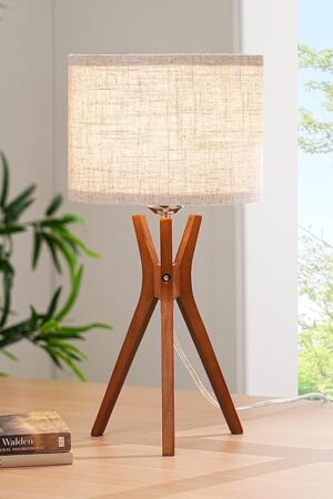 EDISHINE Mid Century Table Lamp Deep Wood Color Light Base Beige Linen Lampshade