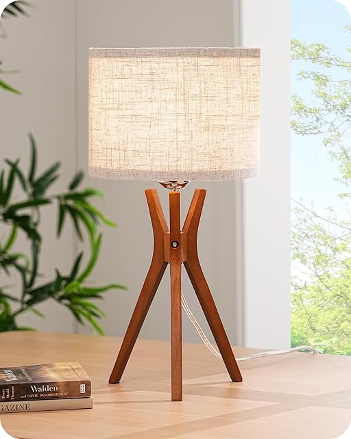 EDISHINE Mid Century Table Lamp Deep Wood Color Light Base Beige Linen Lampshade