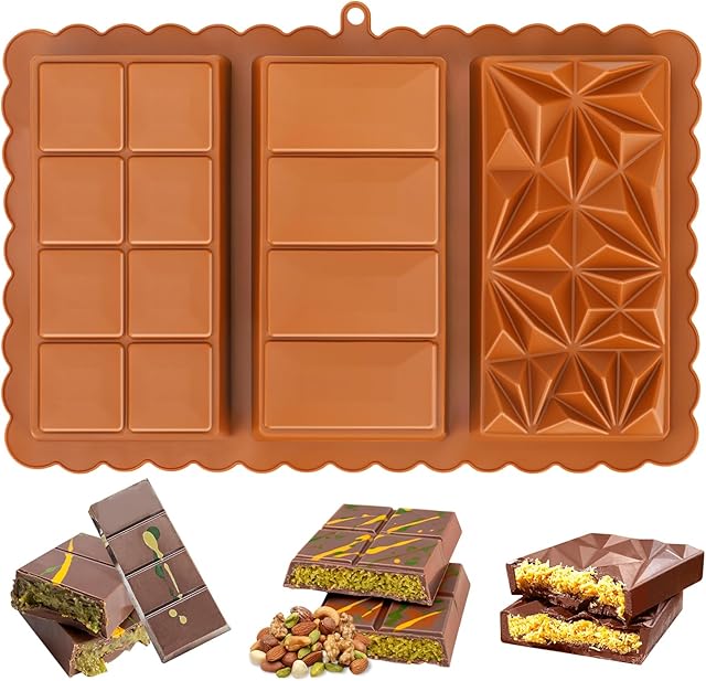 Dubai Chocolate Bar Mold, 1.2 Inch Deep Silicone Chocolate Molds, 3-Cavity Large Candy Bar Mold for Dubai Pistachio Chocolates, Candies, Desserts