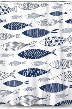 Durable Blue Shower Curtain Set with Hooks, Fabric Polyester Nautical Fish Print Shower Curtains for Bathrooms, H72in X W72in, Waterproof and Machine Washable (White and Blue)