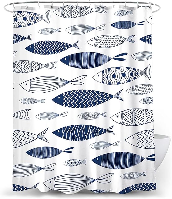 Durable Blue Shower Curtain Set with Hooks, Fabric Polyester Nautical Fish Print Shower Curtains for Bathrooms, H72in X W72in, Waterproof and Machine Washable (White and Blue)