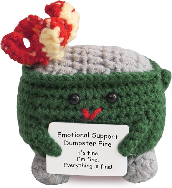 The Emotional Support Crochet Dumpster Fire with Positive Card - Handmade Funny Inspirational Birthday Gifts for Women, Men, Friend, Coworker - Cute Office Desk Accessories Decor (Green)