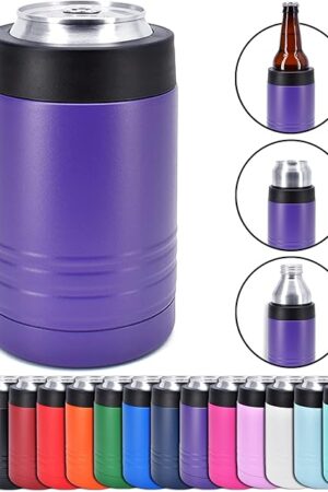 4-in-1 Stainless Steel 12 oz Double Wall Vacuum Insulated Can or Bottle Cooler Keeps Beverage Cold for Hours - Also Fits 16 oz Cans - Powder Coated Purple - Clear Water Home Goods