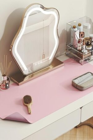 DAWNTREES Makeup Mat for Vanity,Dual-Sided Leather Vanity Mat, Easy to Clean, Waterproof and Oilproof,Desk Pad Mat to Protect Vanity(Pink)