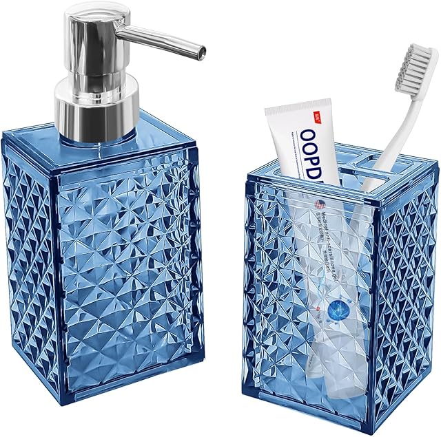 2PCS Blue Bathroom Accessories. Contain Soap Dispenser and Toothbrush Holder Set. Boho Bathroom Set for Blue Bathroom Décor