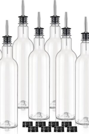 8 Pack 25 oz Plastic Long Neck Bottle with Stainless Steel Pourer and Cap Alcohol Juice Liquor Bottles Syrup Leakproof Tapered Spout Container for Home Bar Use Service Bartending Supplies