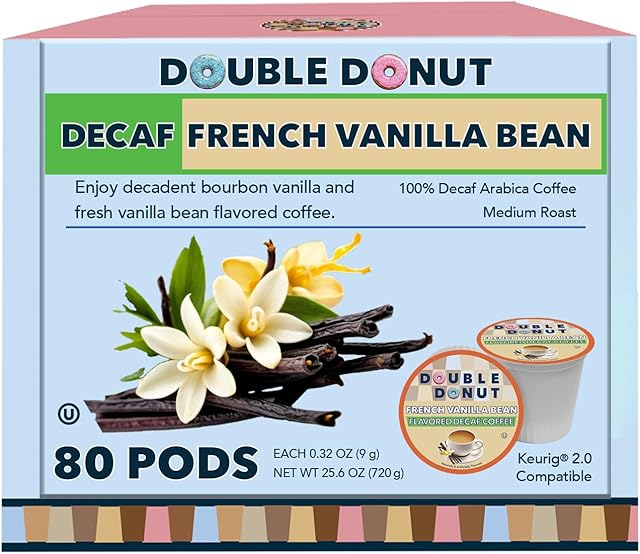 Double Donut Decaf French Vanilla Coffee Pods, Medium Roast Single Serve French Vanilla Bean Decaf Flavored Coffee Pods For Keurig K Cup Brewers, 80 Count
