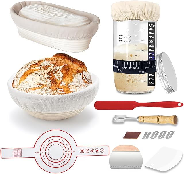 Sourdough Starter Kit,Sourdough Bread Baking Supplies Include 24OZ Sourdough Starter Jar,9" Round&10" Oval Sourdough Bread Proofing Baskets With Linen Liner,Silicone Baking Mat,Bread Making Kit