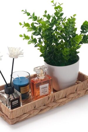 Woven Bathroom Vanity Tray for Storage Water Hyacinth Back of Toilet Basket Long Narrow Guest Towel Holder (Natural 10.2 x 4.9 x 1.8 inch)