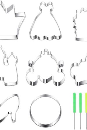 8 Pieces Princess Cookie Cutter Set with Crown, Dress, Castles, Unicorn Head Shapes Stainless Steel Fondant Biscuit Cutters and 6 Pieces Sugar Stirring Pins