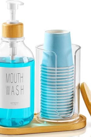 VITVITI Mouthwash Dispenser for Bathroom, Mouth Wash Pump Bottle with Paper Cup Holder, 17Oz Refillable Clear Mouthwash Container with Bamboo Lid/Tray/Label
