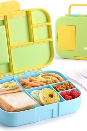 Bento Box for Kids, Cute Lunch Box Containers for Girls Boys, Toddler School Lunch Box for Daycare with 5 Compartments, Kids Lunchbox Container with Utensils and Sauce Cup, Green Blue