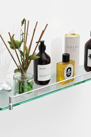 20 Inches Wall Mount Floating Glass Shelf, Tempered Glass Shelves with Brushed Nickel Stainless Steel