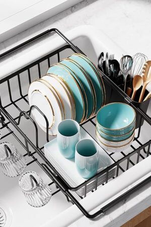 Dish Drying Rack in Sink - Expandable Stainless Steel Dish Rack Over The Sink, Kitchen Sink Drain Strainer with Cutlery Holder & Cup Holders, 15.4 x 9.8 x 3.0 Inch, Black