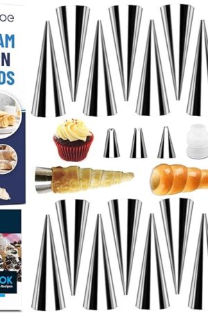 Cream Horn Molds for Baking, 23pcs Horn Forms Set, Non-stick Stainless Steel 15pcs Cone Shaped with Cleaning Brush, Piping Tip, Piping Bag, for ice Cream Cones, Puff Pastry, Baking Cones