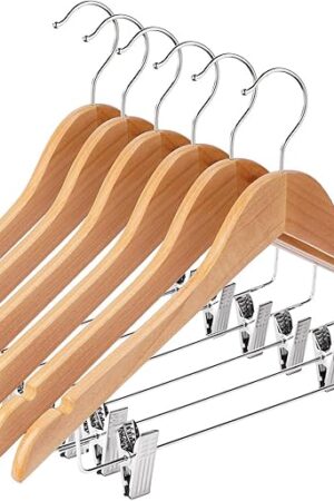 Wooden Hangers with Adjustable Heavy Duty Clips - 12 Pack Pants, Skirt, Jeans, Slacks, Shorts Hangers (Natural)