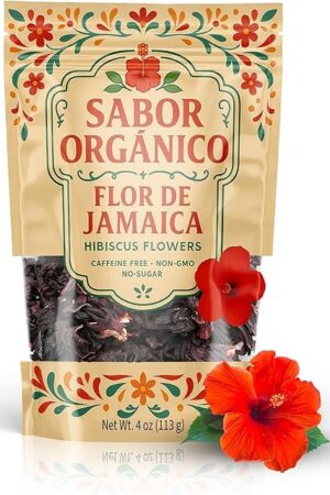 4oz Dried Hibiscus Flowers perfect for Tea and Mexican Agua de Jamaica | Flor de Jamaica Organica Natural | Flor de Jamaica Non-GMO, No Preservatives Resealable Stand-up pouches | by Sabor Orgánico