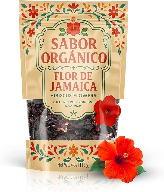 4oz Dried Hibiscus Flowers perfect for Tea and Mexican Agua de Jamaica | Flor de Jamaica Organica Natural | Flor de Jamaica Non-GMO, No Preservatives Resealable Stand-up pouches | by Sabor Orgánico